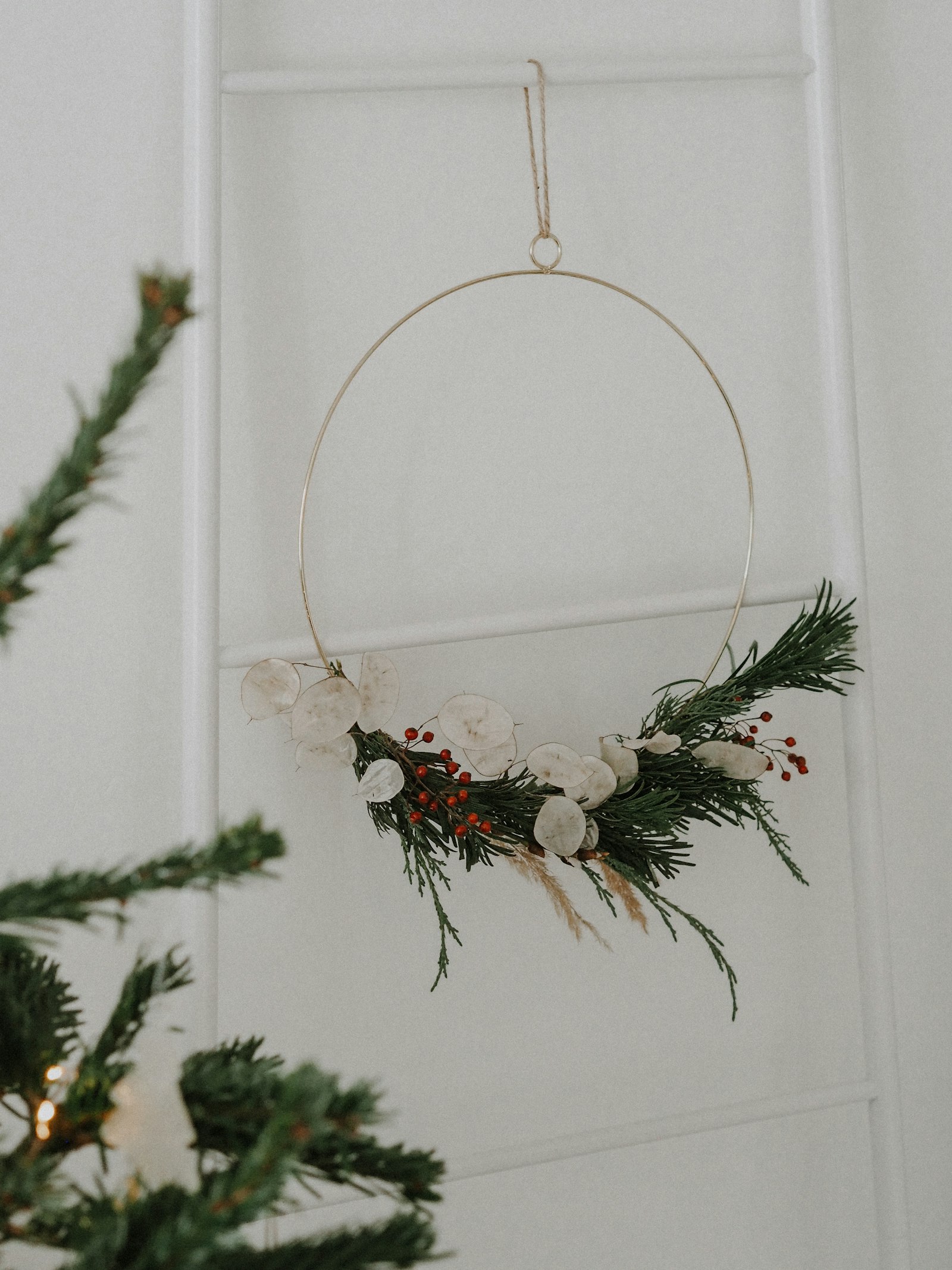 Preserved botanical wreath on a wall